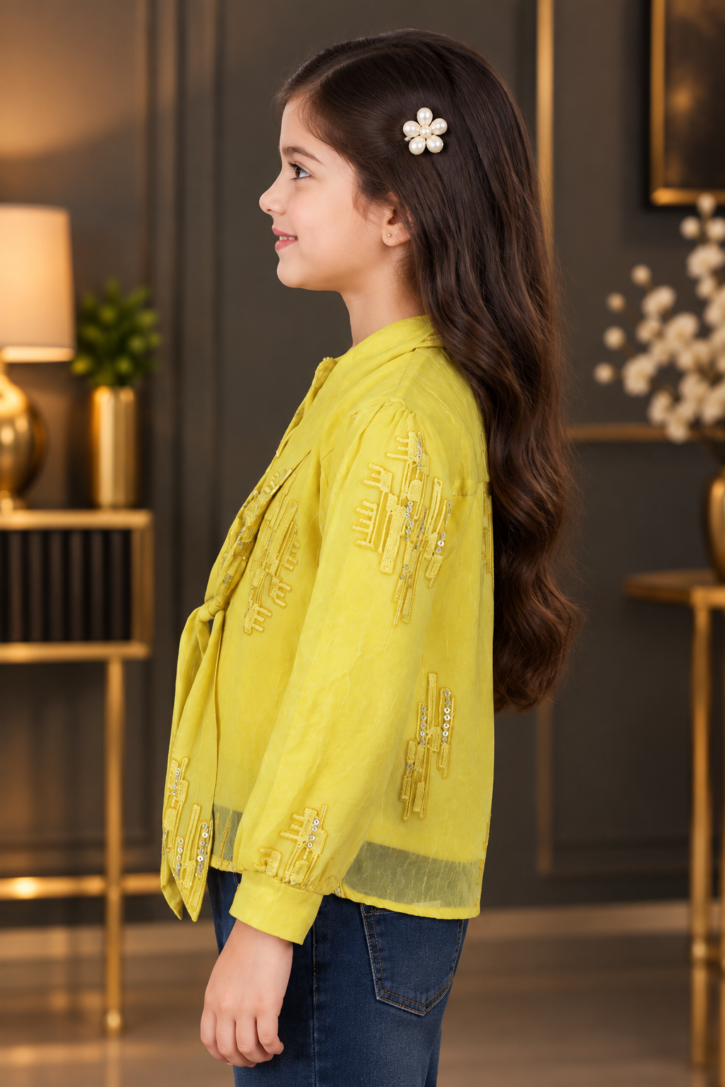 2702EM Girls Imported Fabric Embellished Tie-Up Shrug Top – Yellow 2702EM-462-YLW - Image 2
