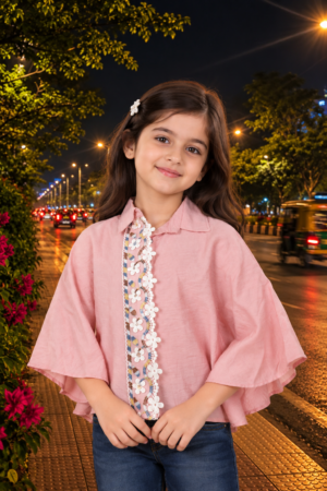 2754FL Girls Pink Imported Fabric Floral Lace Cape Top 2754FL-462-PCH