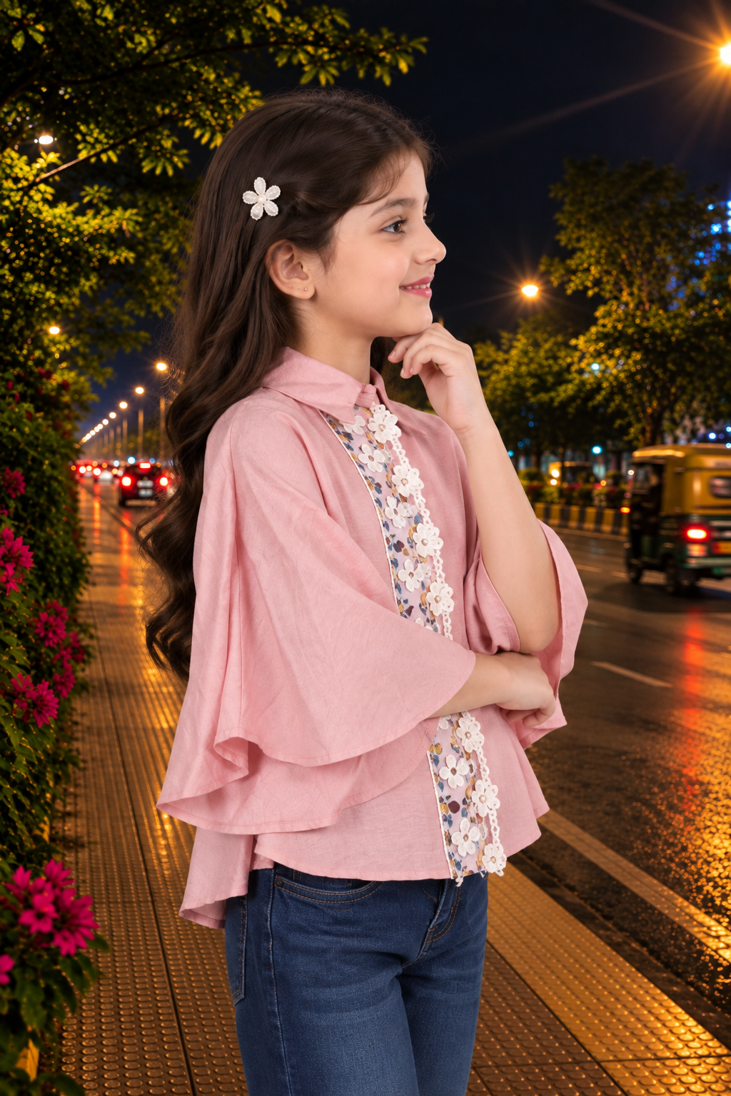 2754FL Girls Pink Imported Fabric Floral Lace Cape Top 2754FL-462-PCH - Image 4