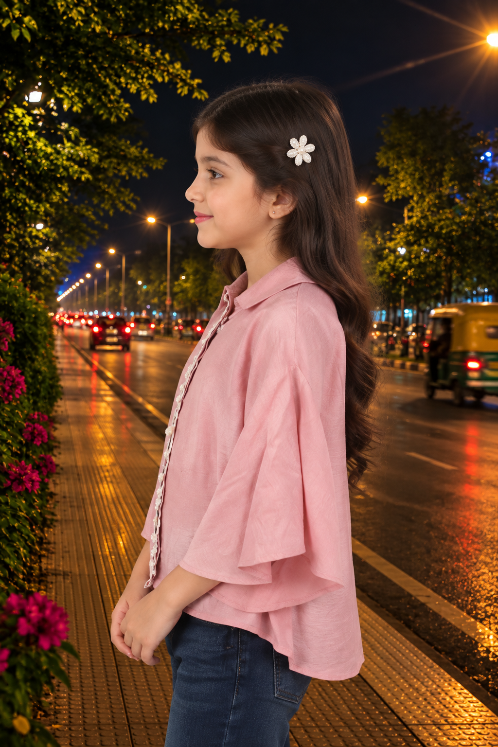 2754FL Girls Pink Imported Fabric Floral Lace Cape Top 2754FL-462-PCH - Image 2