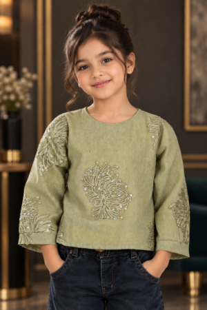 2757EM Girls Sage Green Imported Fabric Floral Embroidered Sequin Top 2757EM-462-PST
