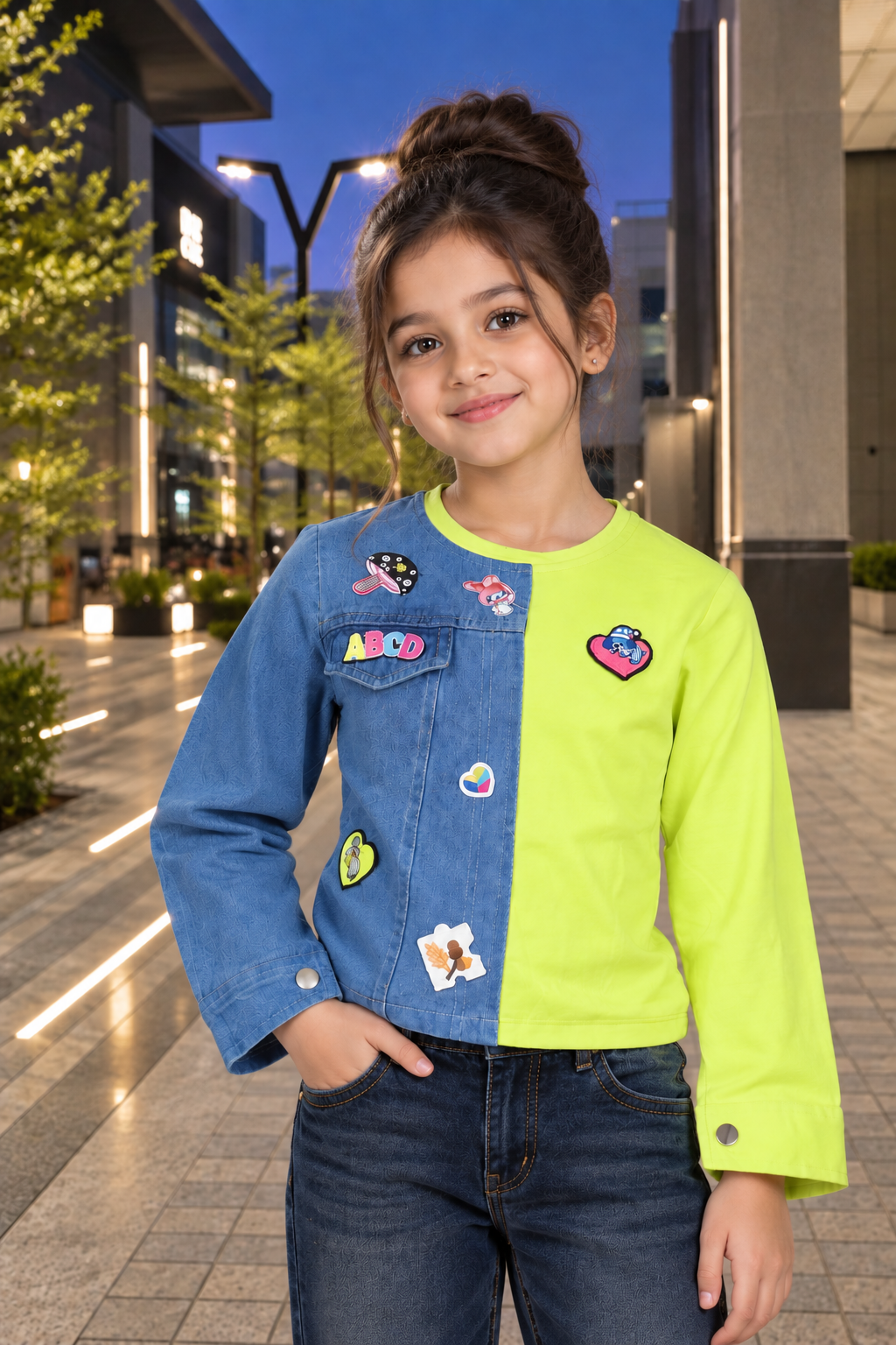 4539DNM Girls Neon Green & Denim Patchwork Imported Fabric Appliqué Top 4539DNM-414-GRN