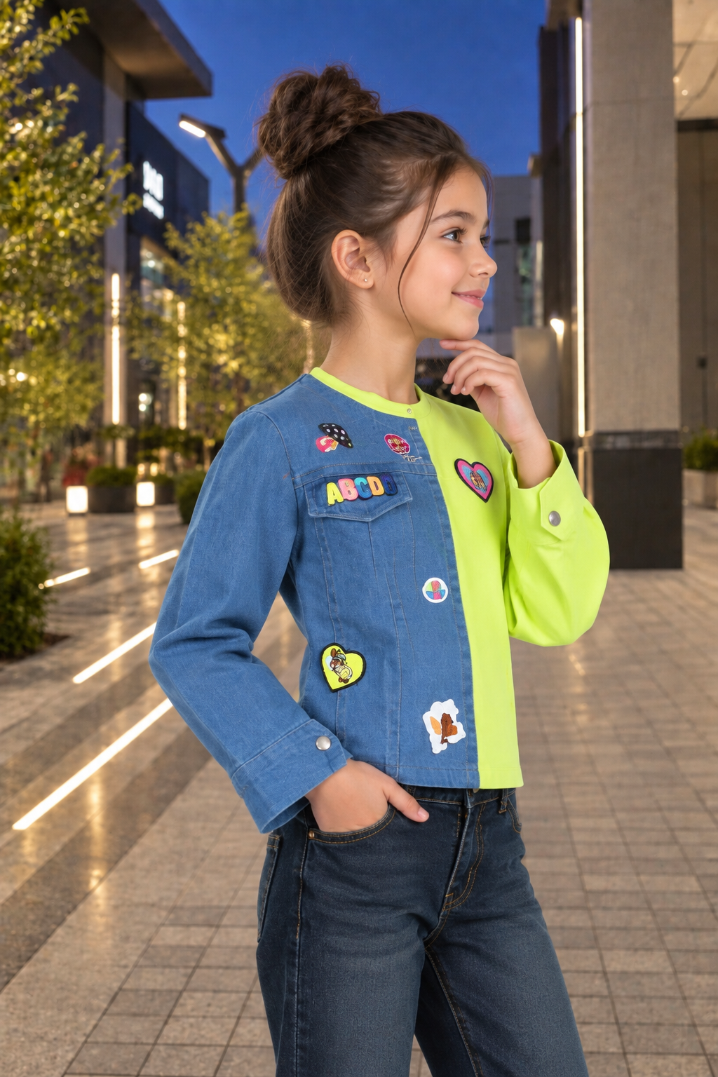 4539DNM Girls Neon Green & Denim Patchwork Imported Fabric Appliqué Top 4539DNM-414-GRN - Image 4