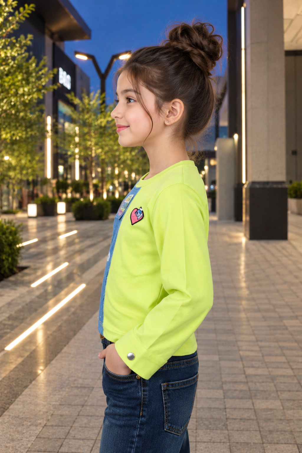 4539DNM Girls Neon Green & Denim Patchwork Imported Fabric Appliqué Top 4539DNM-414-GRN - Image 3