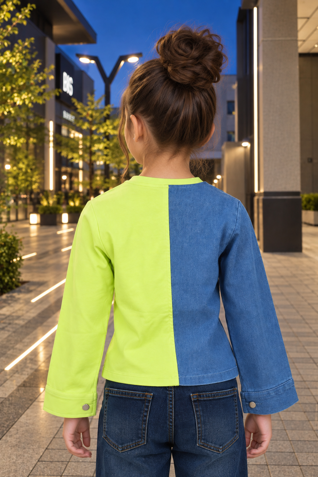 4539DNM Girls Neon Green & Denim Patchwork Imported Fabric Appliqué Top 4539DNM-414-GRN - Image 2