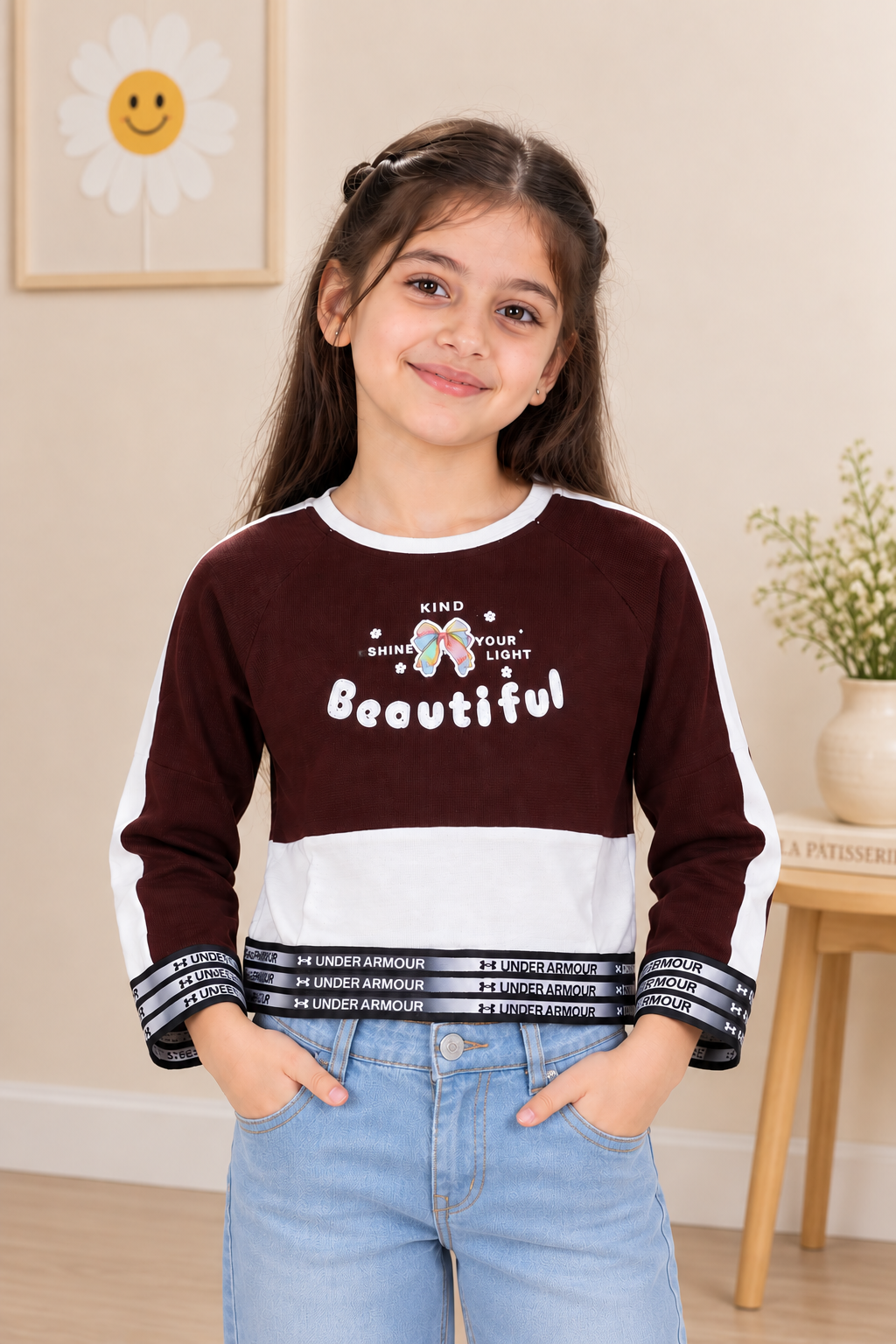 T1095LT GIRLS’ STYLISH “BEAUTIFUL” PRINTED FULL-SLEEVE TOP T1095LT-218-BWN