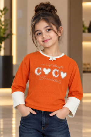 4624EM Girls Orange Imported Fabric Heart Embellished Full Sleeve Top 4624EM-414-ORG