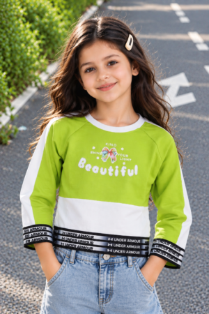 T1095LT GIRLS’ STYLISH “BEAUTIFUL” PRINTED FULL-SLEEVE TOP T1095LT-218-L GRN