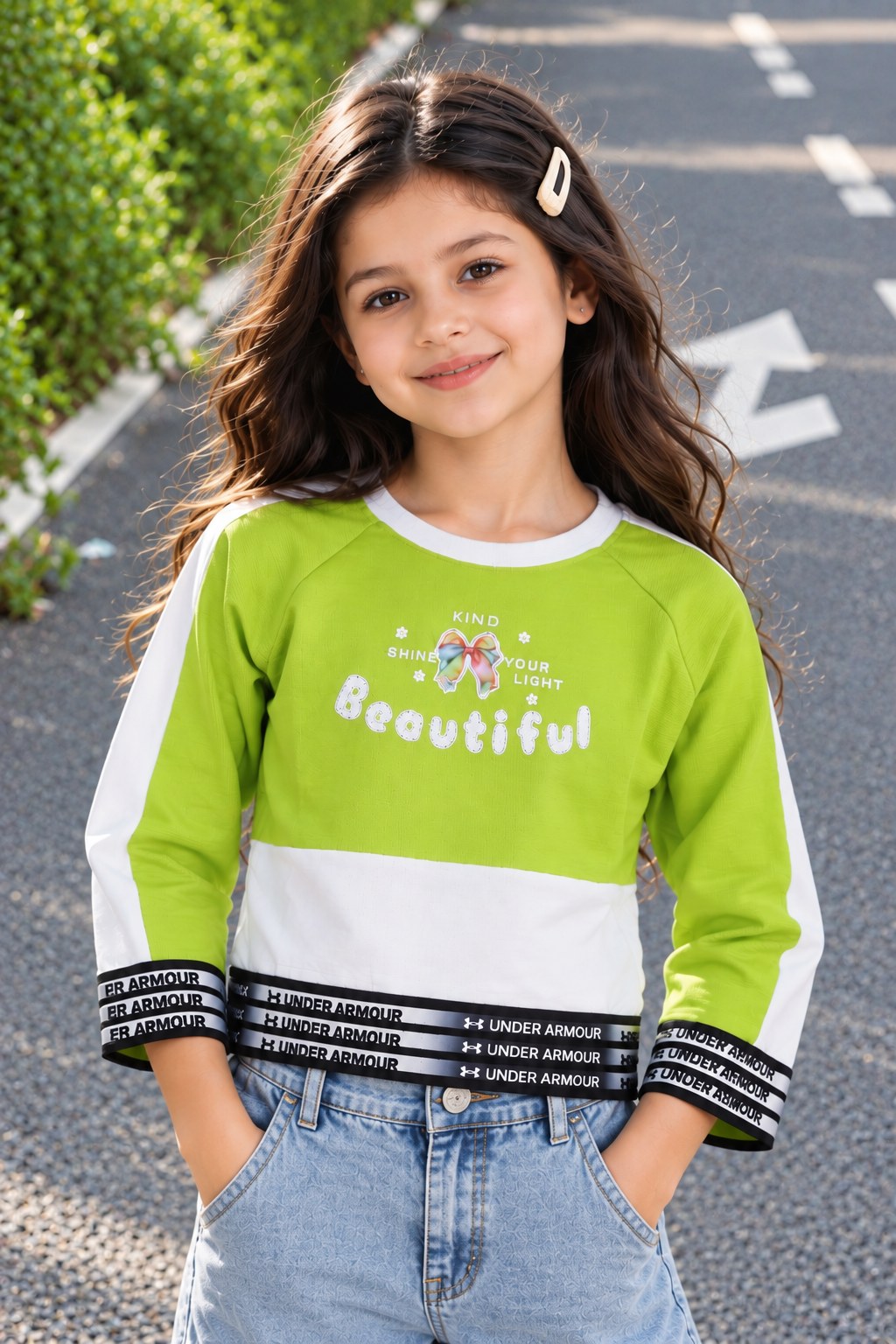 T1095LT GIRLS’ STYLISH “BEAUTIFUL” PRINTED FULL-SLEEVE TOP T1095LT-218-L GRN