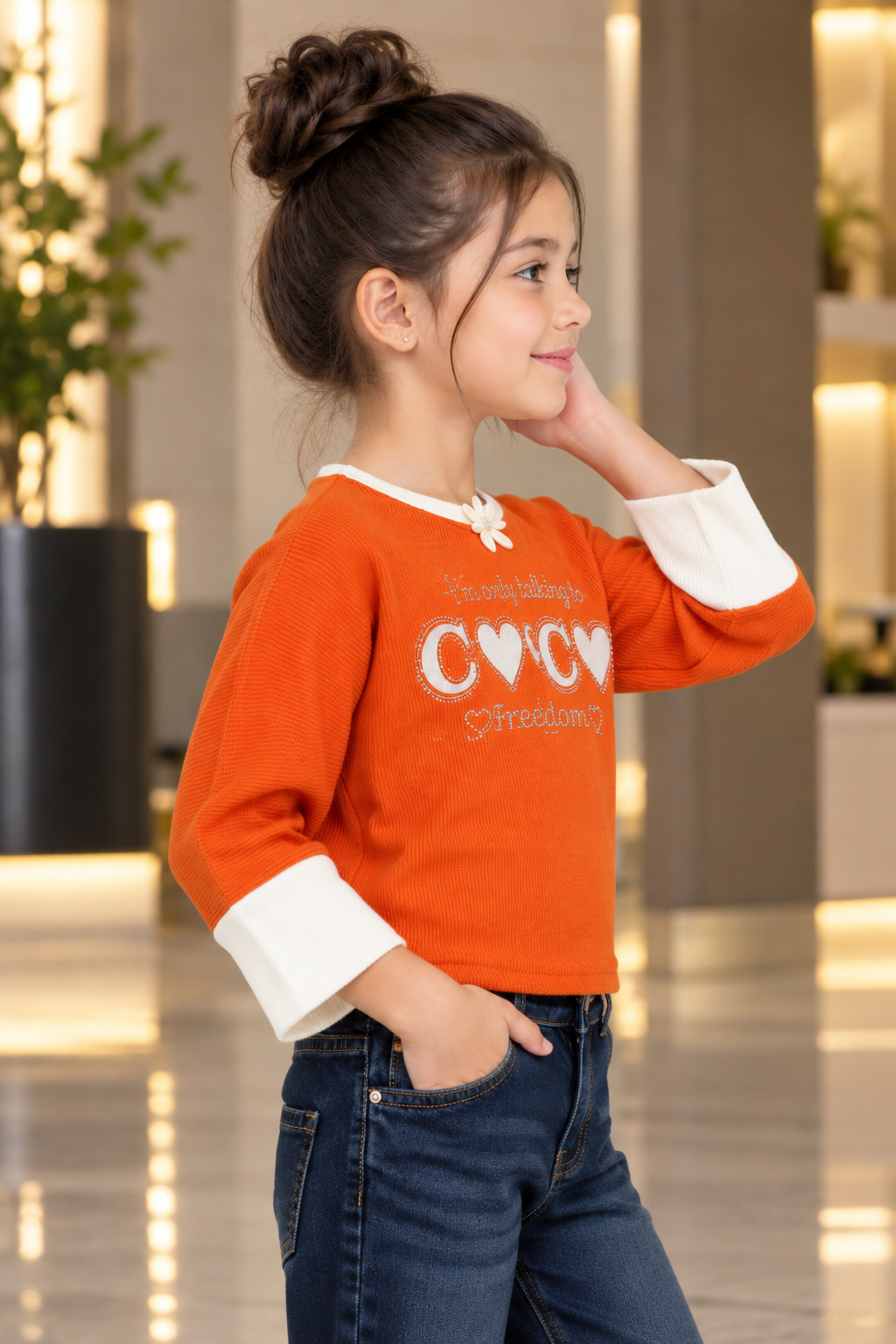 4624EM Girls Orange Imported Fabric Heart Embellished Full Sleeve Top 4624EM-414-ORG - Image 2