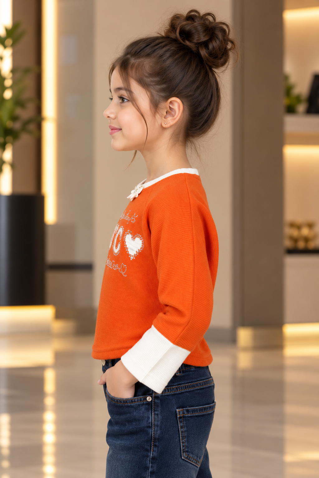 4624EM Girls Orange Imported Fabric Heart Embellished Full Sleeve Top 4624EM-414-ORG - Image 3