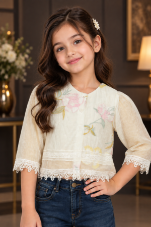 93594FL Girls Ivory Floral Embroidered Imported Fabric Lace Trim Top 93594FL-462-O WHT