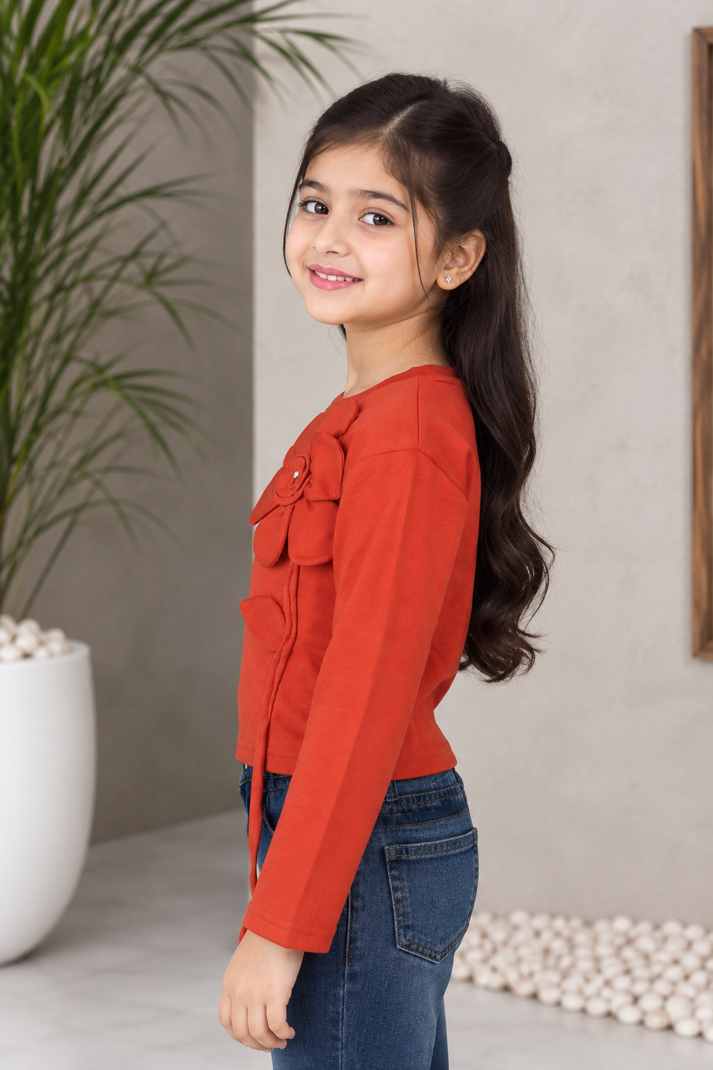 T1099FL Girls’ Stylish Flower Appliqué Full-Sleeve Imported Top T1099FL-218-ORG - Image 4