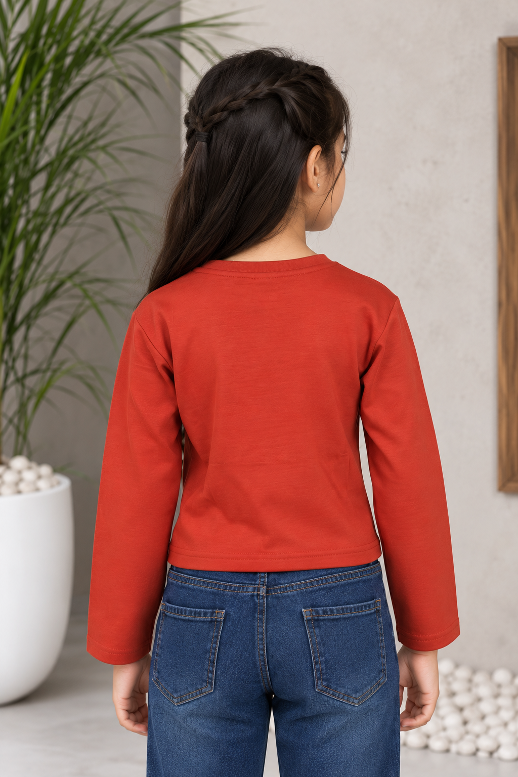 T1099FL Girls’ Stylish Flower Appliqué Full-Sleeve Imported Top T1099FL-218-ORG - Image 3