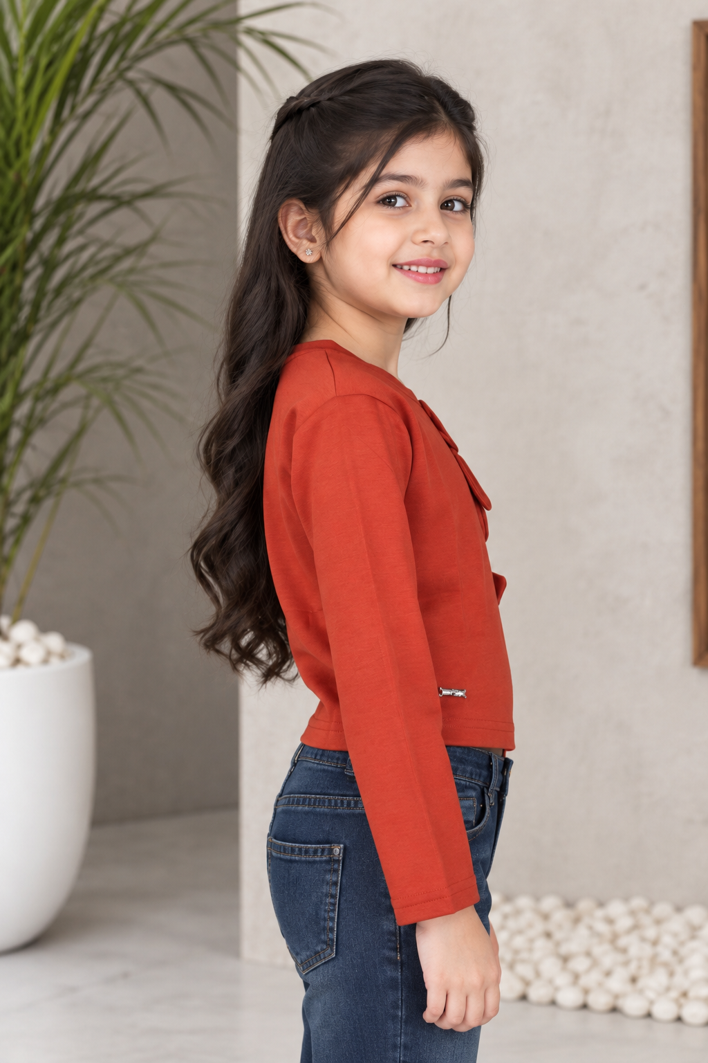 T1099FL Girls’ Stylish Flower Appliqué Full-Sleeve Imported Top T1099FL-218-ORG - Image 2
