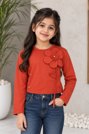 T1099FL Girls’ Stylish Flower Appliqué Full-Sleeve Imported Top T1099FL-218-ORG