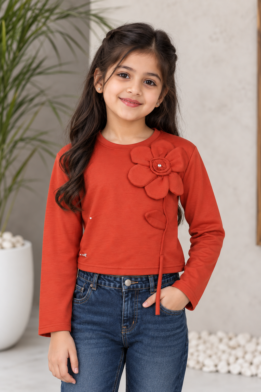 T1099FL Girls’ Stylish Flower Appliqué Full-Sleeve Imported Top T1099FL-218-ORG