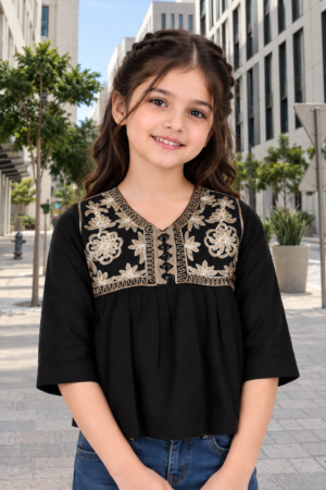 SG69PT Girls Black & Gold Floral Embroidered Imported Fabric Peplum Top SG69PT-447-BLK