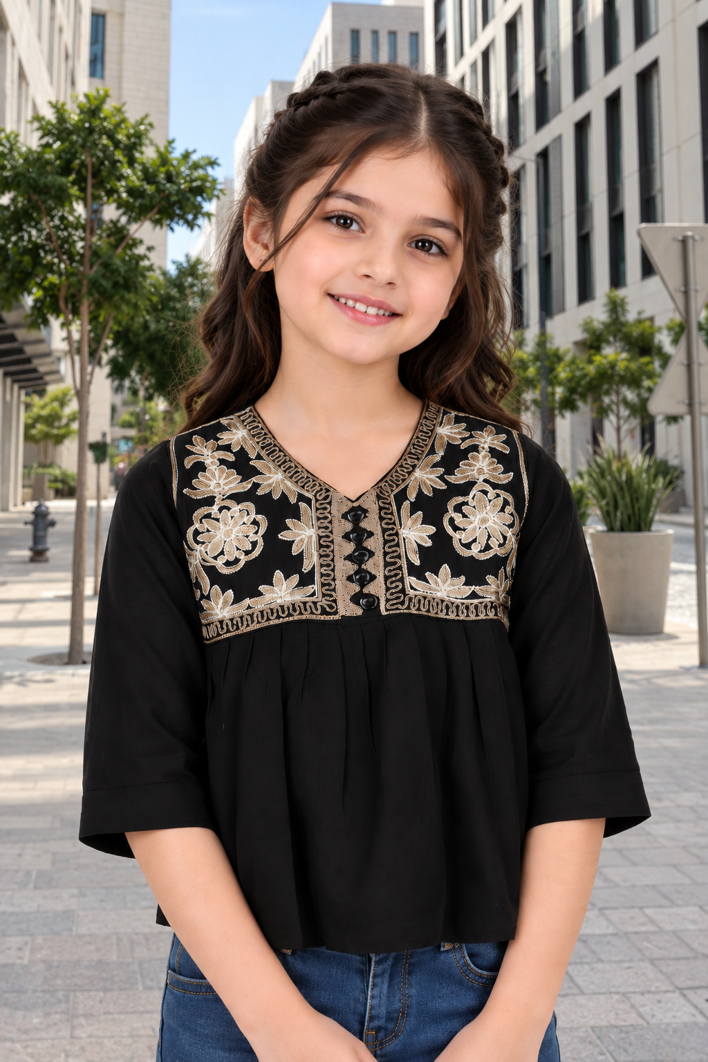 SG69PT Girls Black & Gold Floral Embroidered Imported Fabric Peplum Top SG69PT-447-BLK
