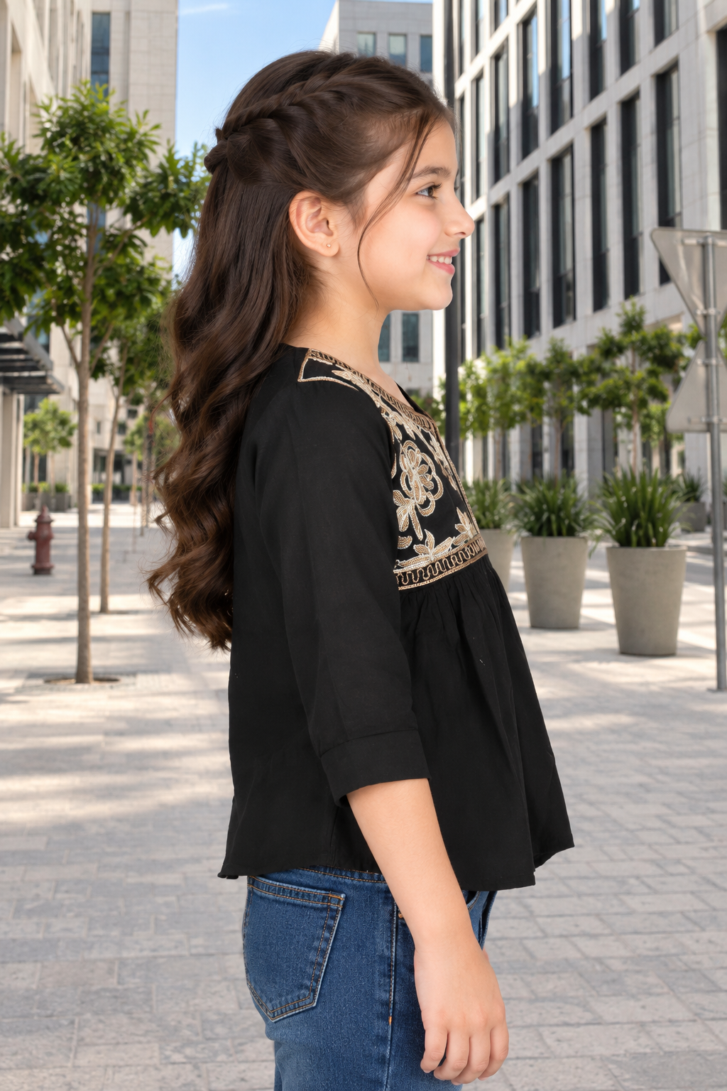 SG69PT Girls Black & Gold Floral Embroidered Imported Fabric Peplum Top SG69PT-447-BLK - Image 4
