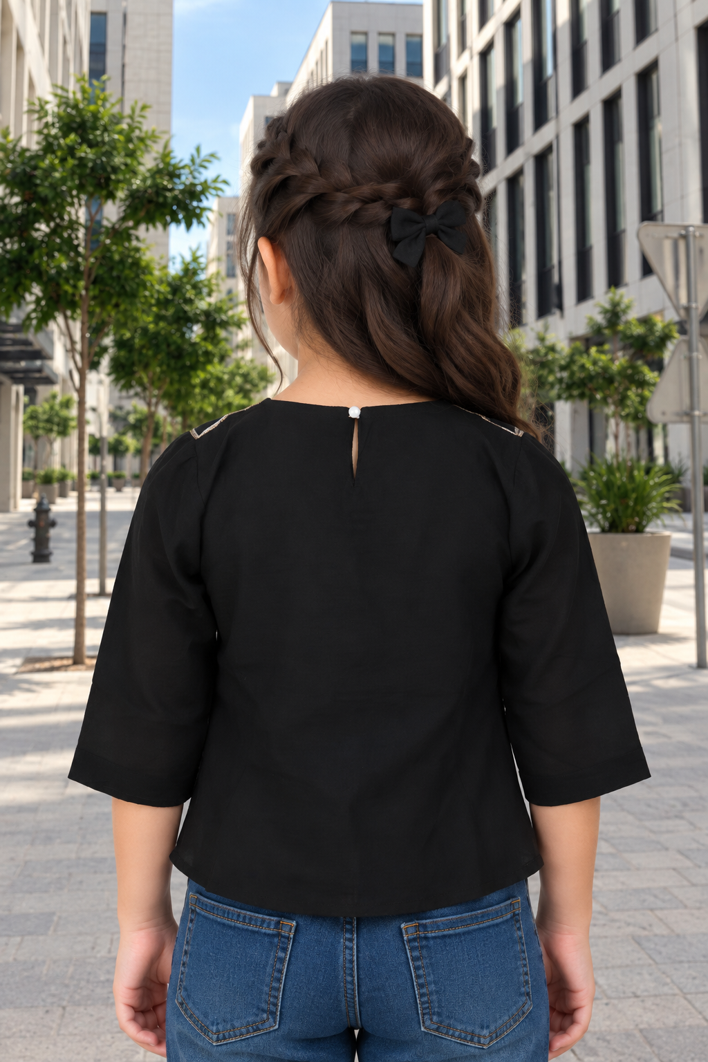 SG69PT Girls Black & Gold Floral Embroidered Imported Fabric Peplum Top SG69PT-447-BLK - Image 3