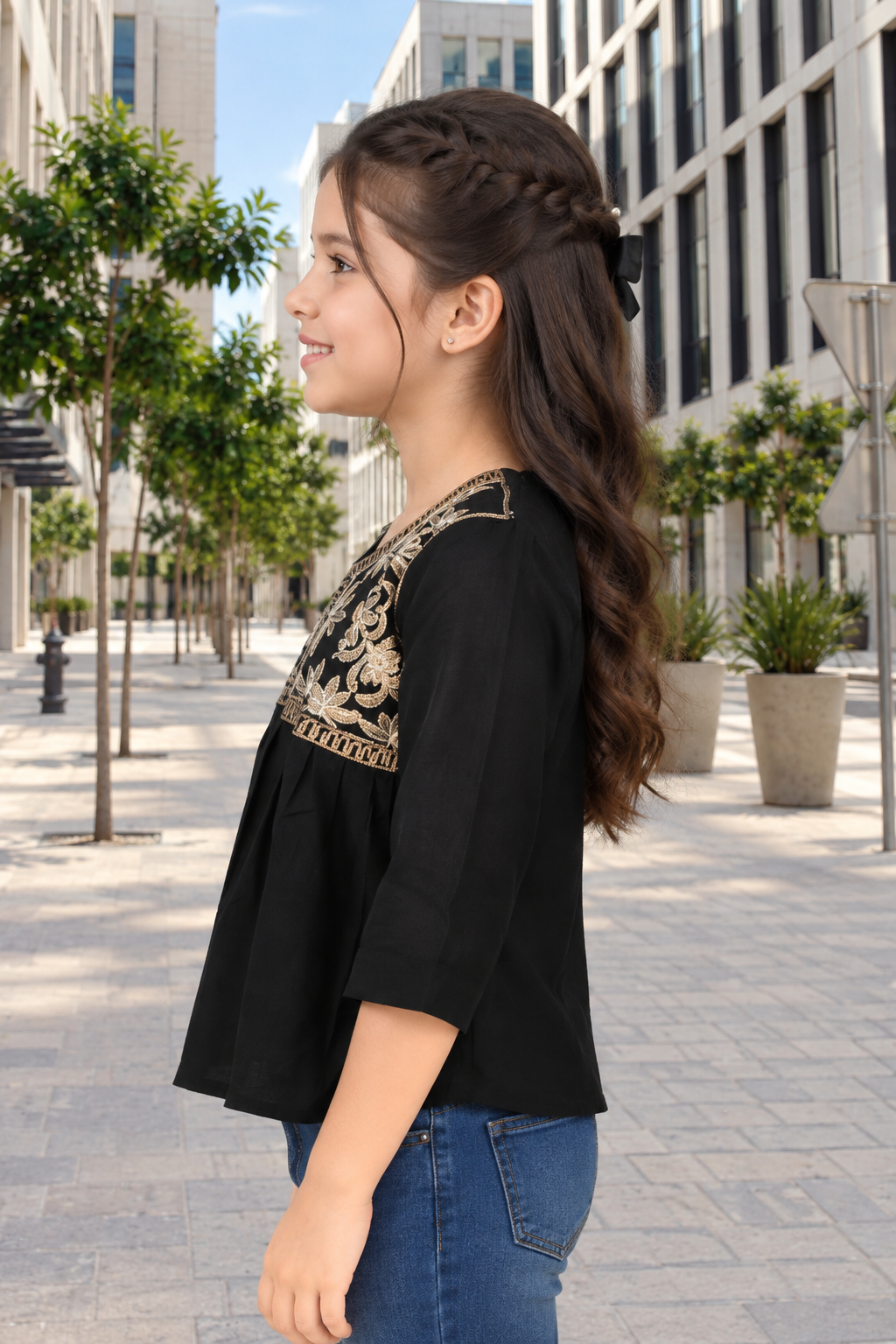 SG69PT Girls Black & Gold Floral Embroidered Imported Fabric Peplum Top SG69PT-447-BLK - Image 2