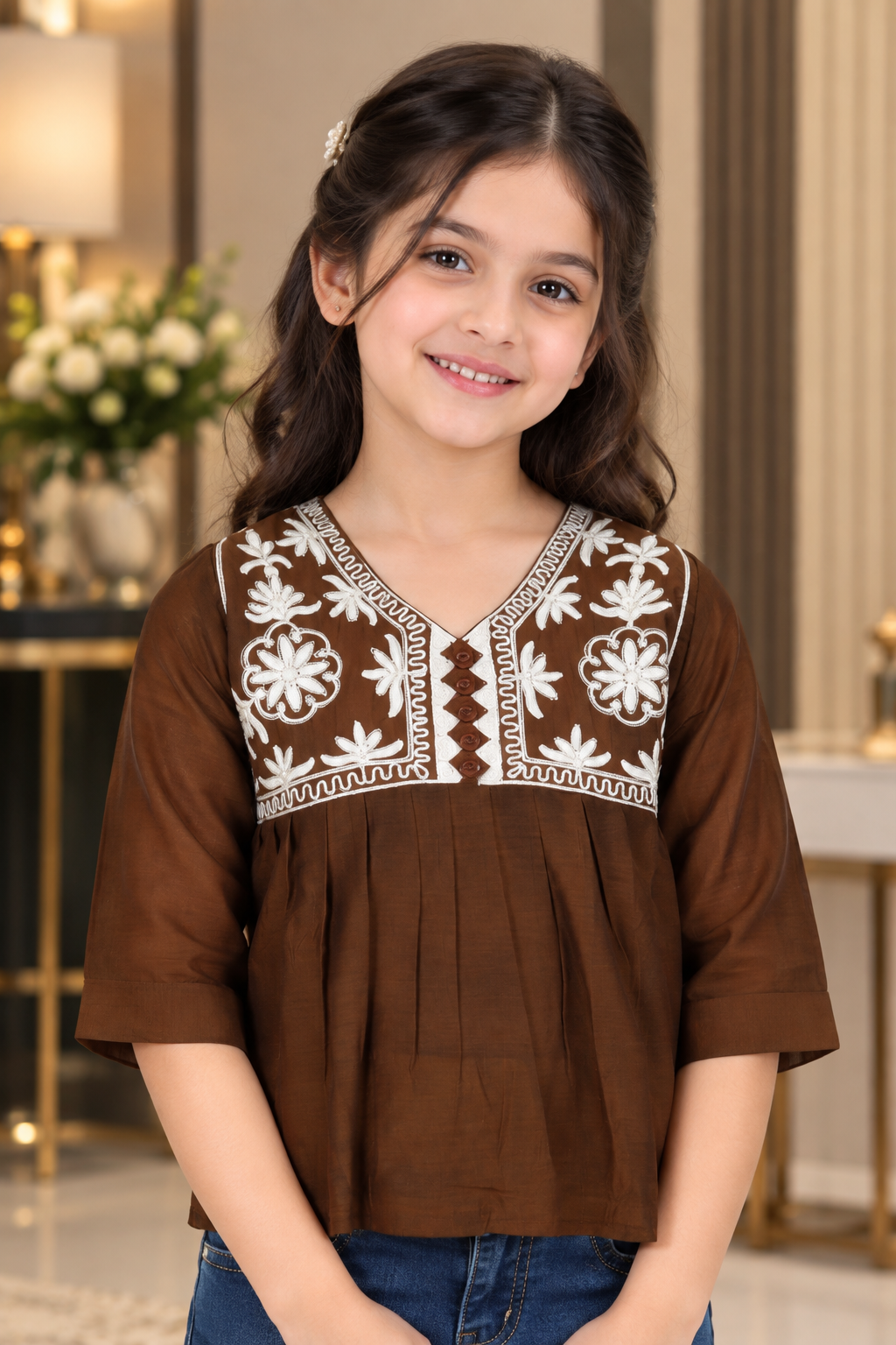 SG69PT Girls Chocolate Brown Floral Embroidered Imported Fabric Peplum Top SG69PT-447-BWN