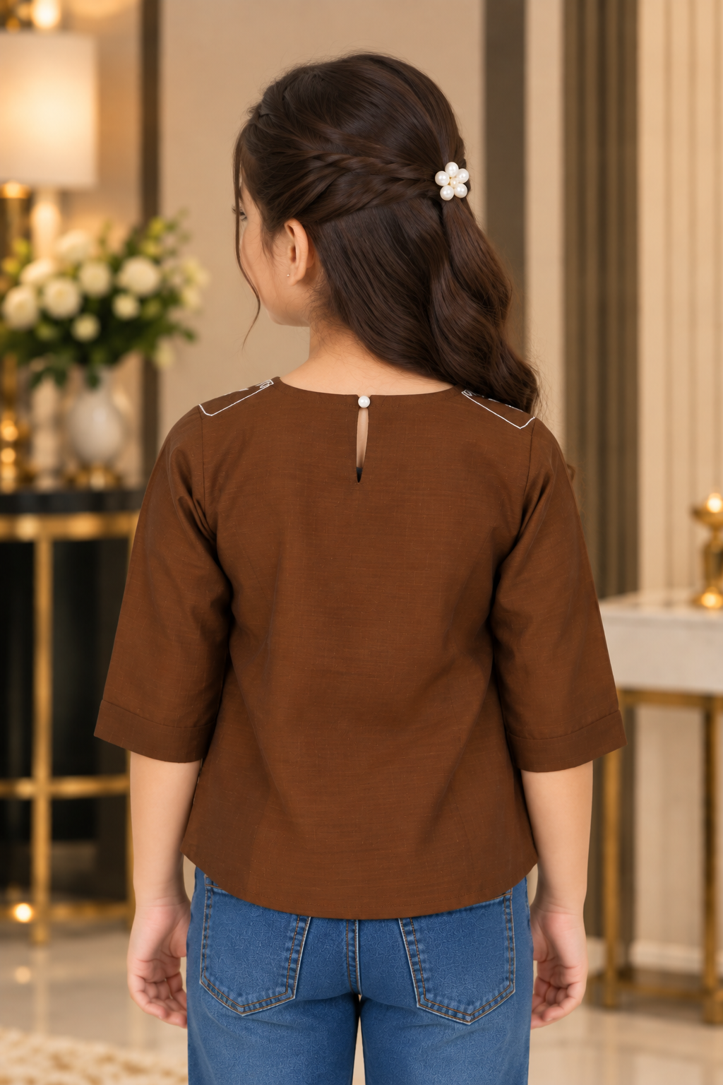 SG69PT Girls Chocolate Brown Floral Embroidered Imported Fabric Peplum Top SG69PT-447-BWN - Image 3