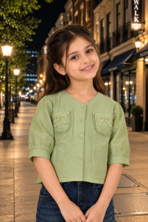 SG71FL Girls Sage Green Imported Fabric Button-Down Pocket Top SG71FL-447-GRN