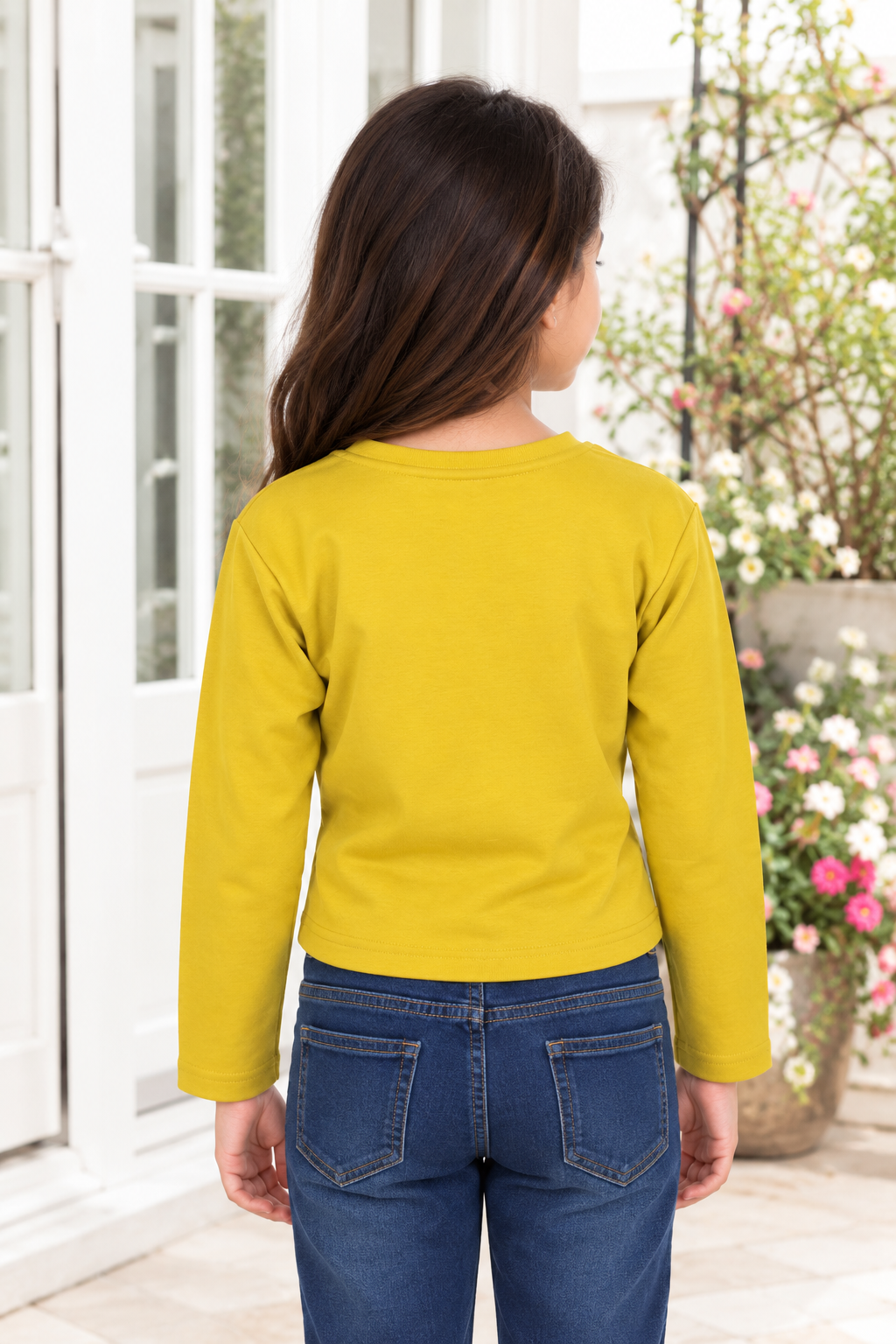 T1099FL Girls’ Stylish Floral Appliqué Full-Sleeve Imported Top T1099FL-218-YLW - Image 2