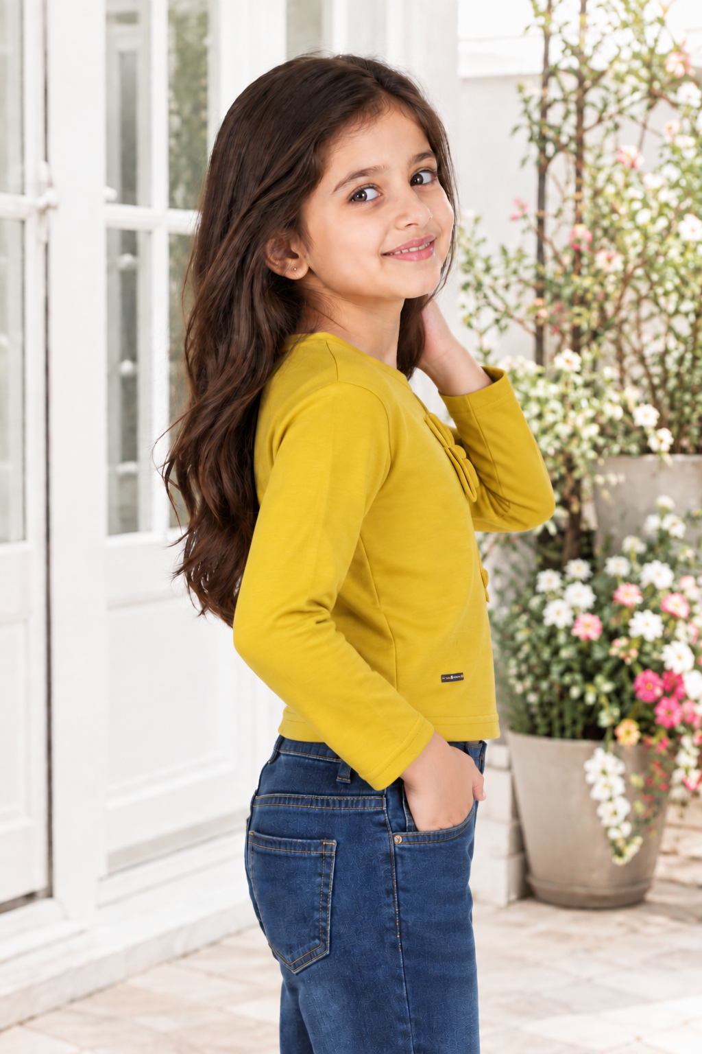 T1099FL Girls’ Stylish Floral Appliqué Full-Sleeve Imported Top T1099FL-218-YLW - Image 4
