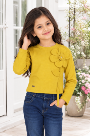 T1099FL Girls’ Stylish Floral Appliqué Full-Sleeve Imported Top T1099FL-218-YLW