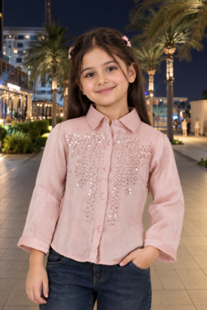 SG72EM Girls Blush Pink Imported Fabric Pearl Embellished Collared Shirt Top SG72EM-447-PCH