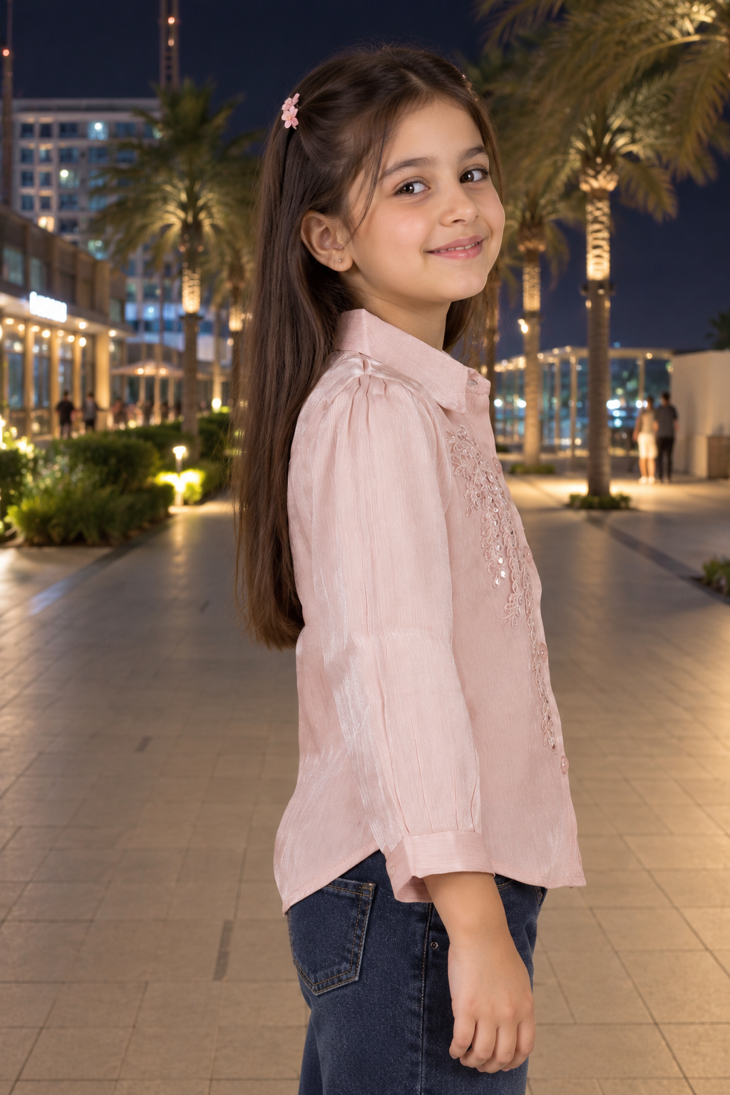SG72EM Girls Blush Pink Imported Fabric Pearl Embellished Collared Shirt Top SG72EM-447-PCH - Image 3