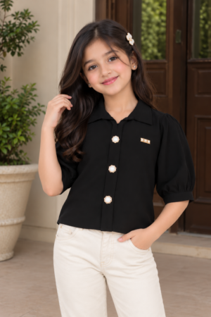 T1115PL Girls’ Elegant Black Puff-Sleeve Shirt with Decorative Buttons T1115PL-218-BLK