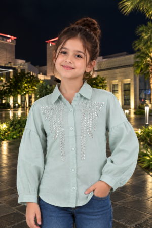 SG73EM Girls Mint Green Imported Fabric Sequin Embellished Balloon Sleeve Shirt SG73EM-447-C GRN