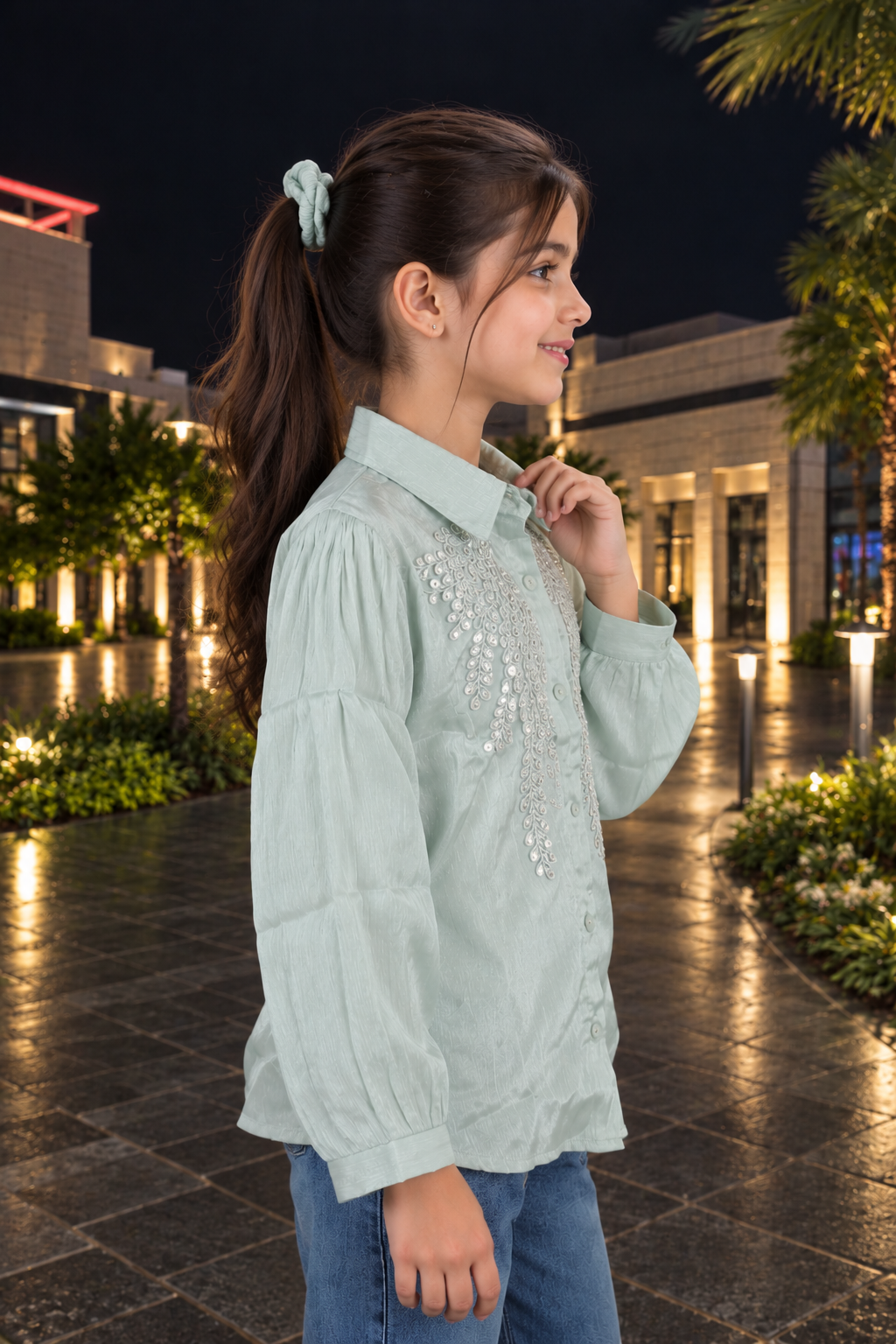 SG73EM Girls Mint Green Imported Fabric Sequin Embellished Balloon Sleeve Shirt SG73EM-447-C GRN - Image 4