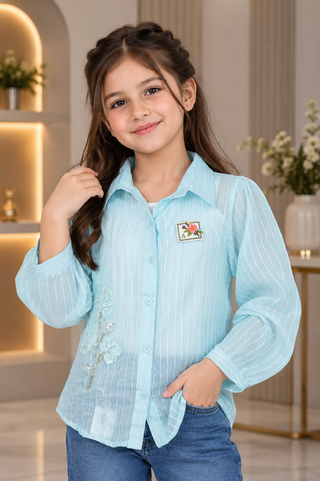SG74PL Girls Sky Blue Floral Embellished Sheer Shirt – Premium Imported Fabric SG74PL-447-SKY