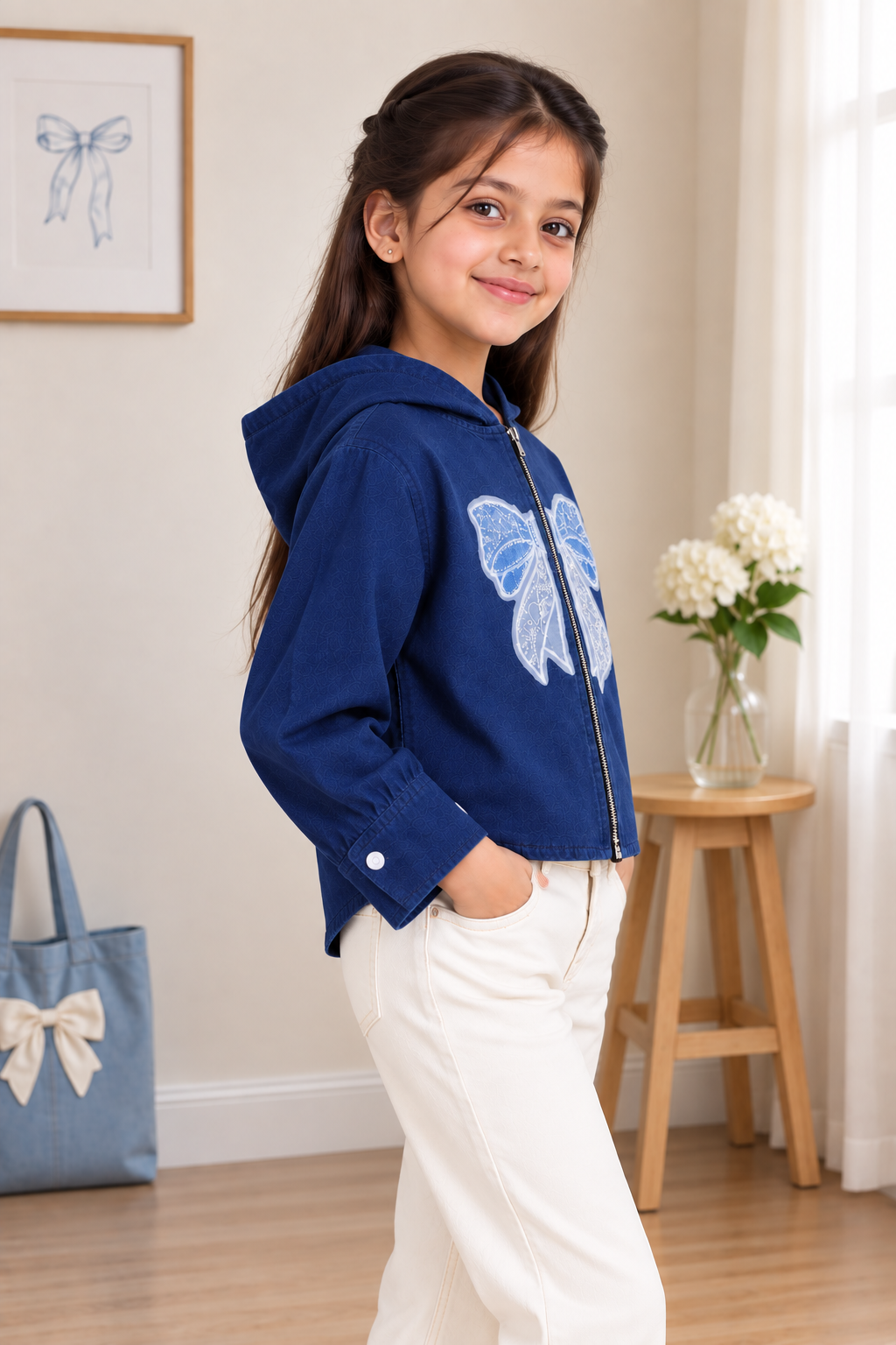 T1114DNM Girls’ Stylish Denim Butterfly Bow Hooded Jacket T1114DNM-218-D BLU - Image 4