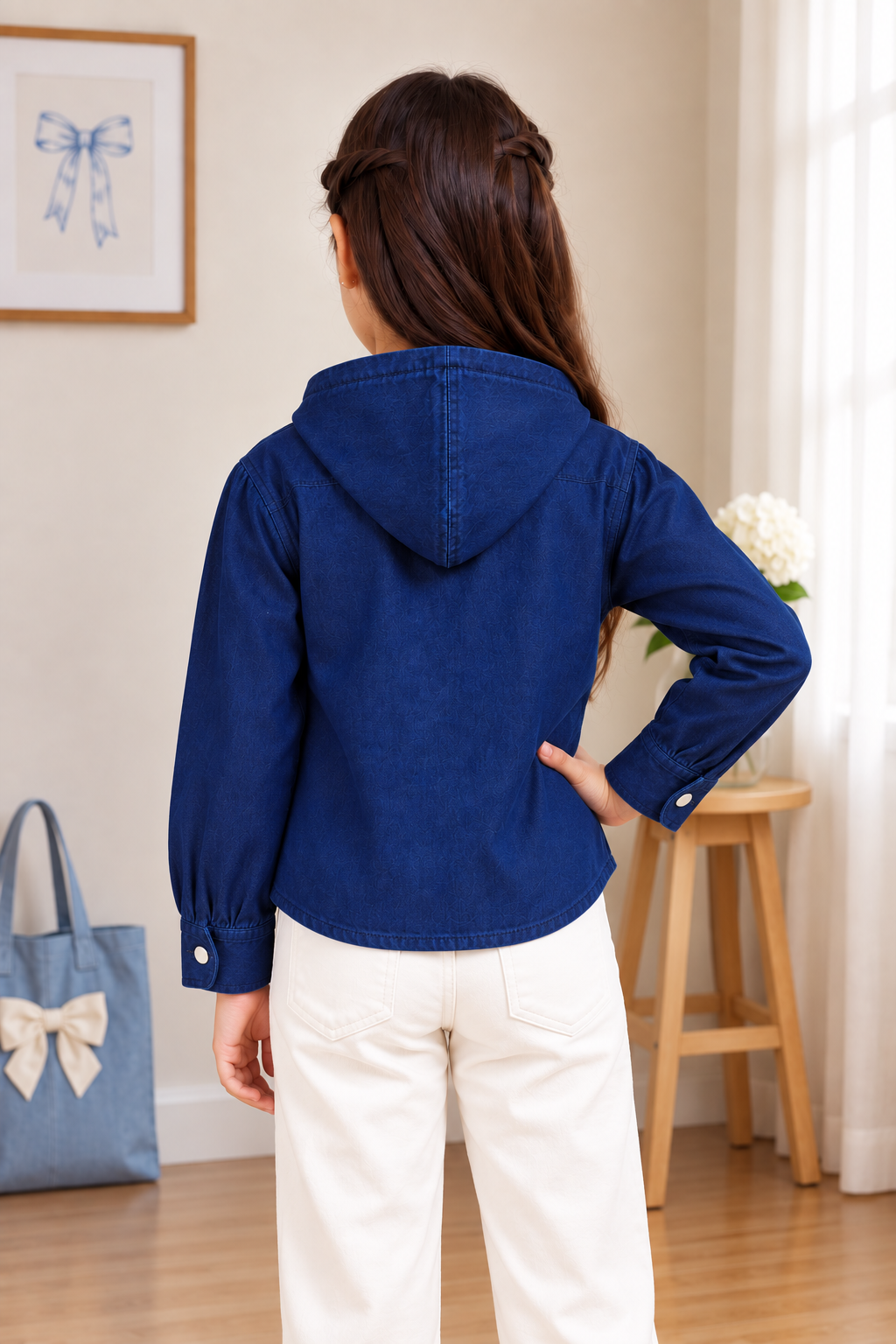 T1114DNM Girls’ Stylish Denim Butterfly Bow Hooded Jacket T1114DNM-218-D BLU - Image 3