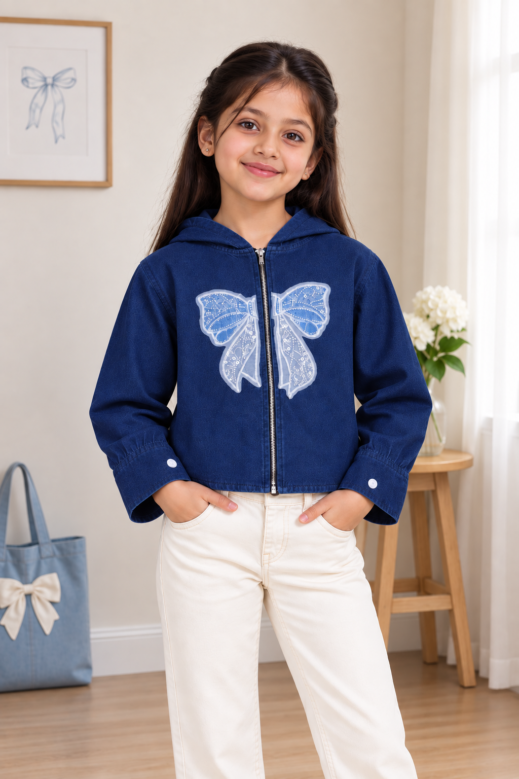 T1114DNM Girls’ Stylish Denim Butterfly Bow Hooded Jacket T1114DNM-218-D BLU