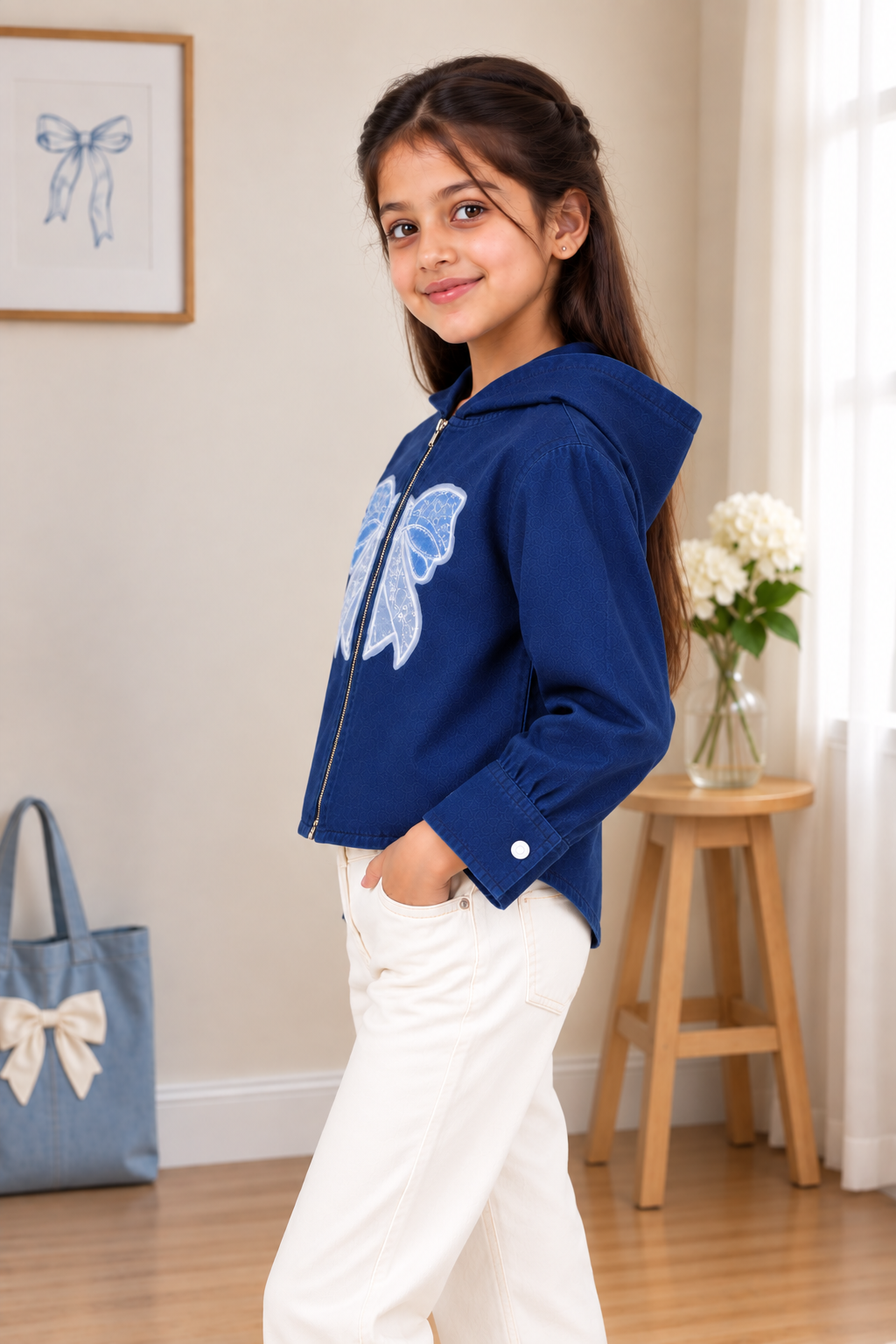 T1114DNM Girls’ Stylish Denim Butterfly Bow Hooded Jacket T1114DNM-218-D BLU - Image 2