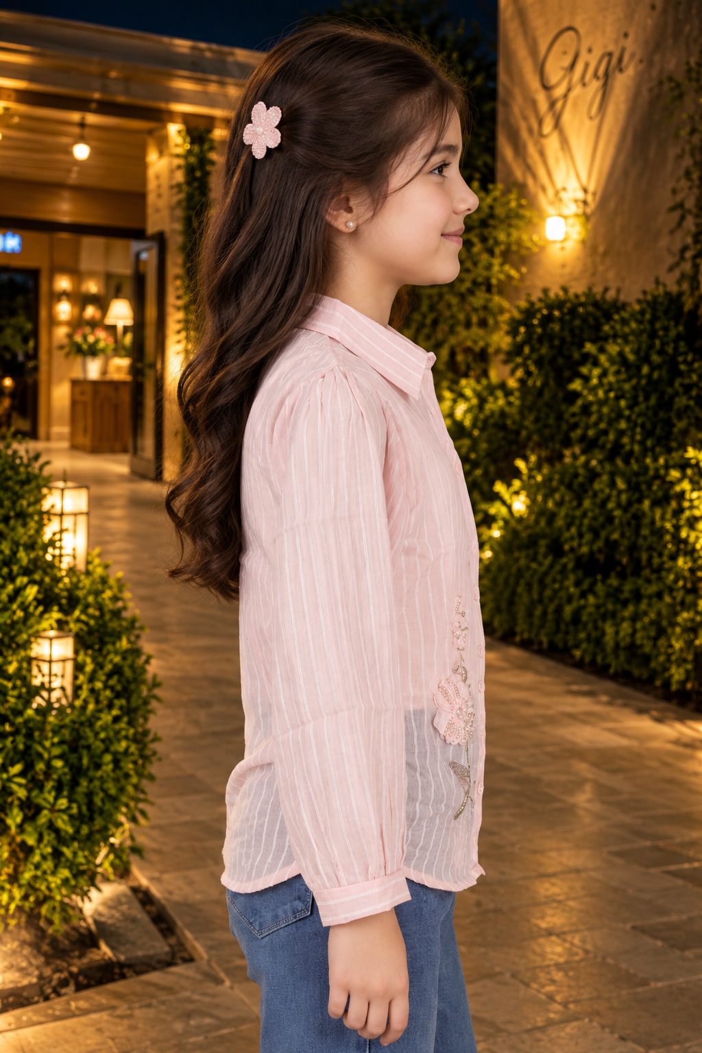 SG74PL Girls Blush Pink Floral Embellished Striped Shirt – Premium Imported Fabric SG74PL-447-PCH - Image 2