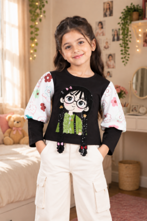T1137PR Girls’ Stylish Cartoon Print Full-Sleeve Imported Top T1137PR-218-BLK
