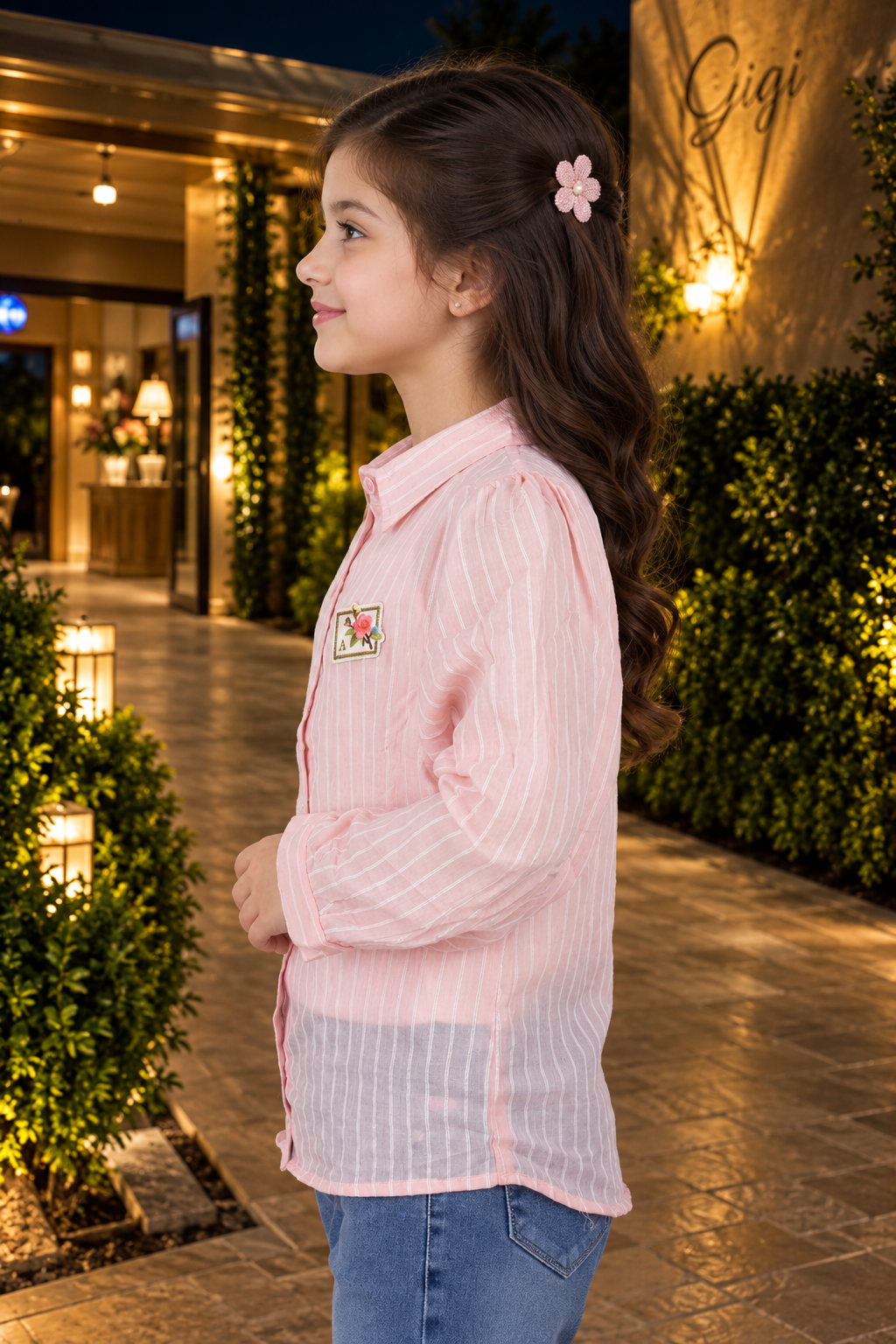 SG74PL Girls Blush Pink Floral Embellished Striped Shirt – Premium Imported Fabric SG74PL-447-PCH - Image 3
