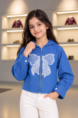 T1114DNM Girls’ Stylish Denim Butterfly Bow Hooded Jacket T1114DNM-218-LBLU