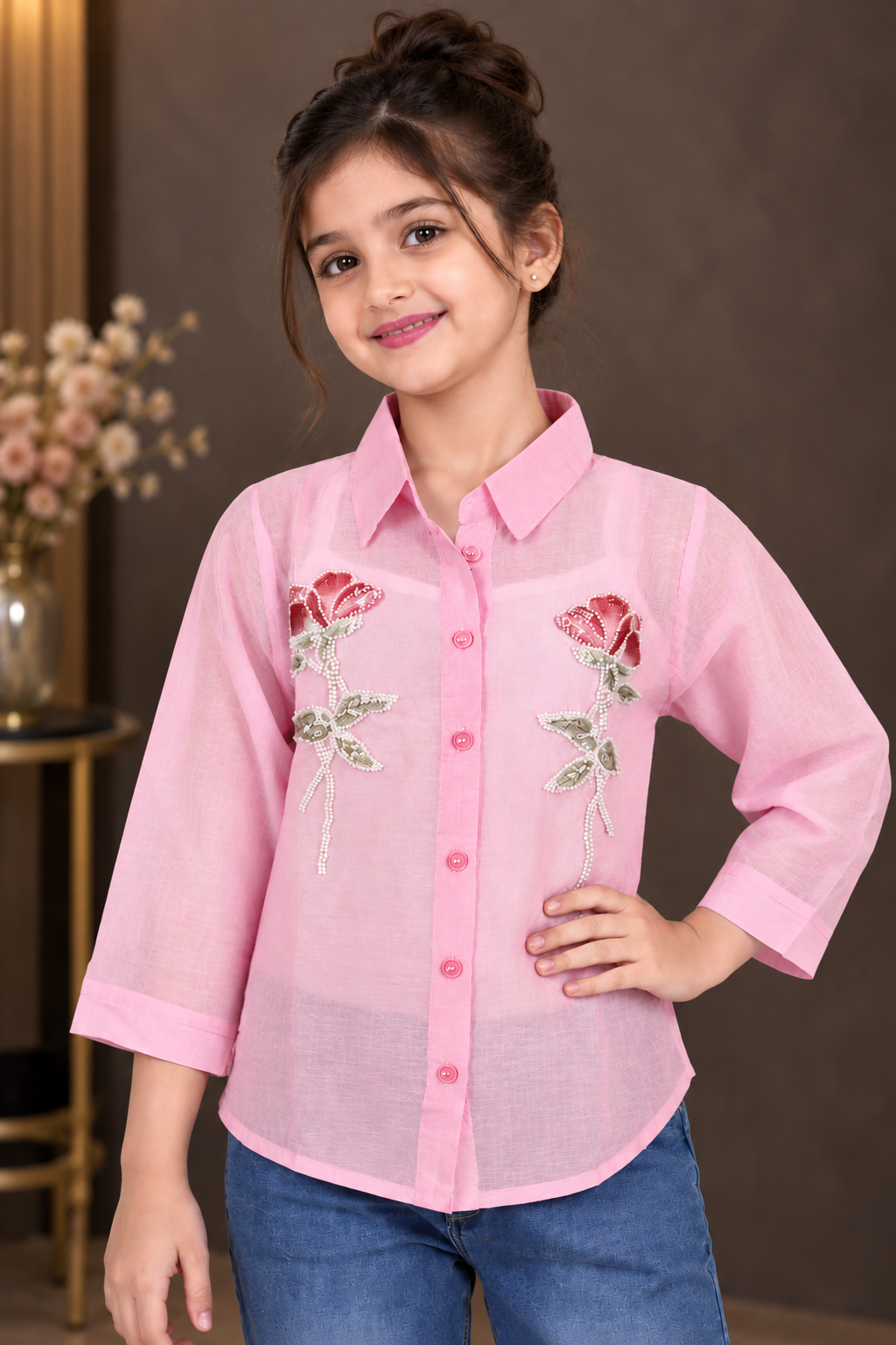 SG75PL Girls Blush Pink Imported Fabric Embellished Rose Button-Down Shirt Top SG75PL-447-PNK