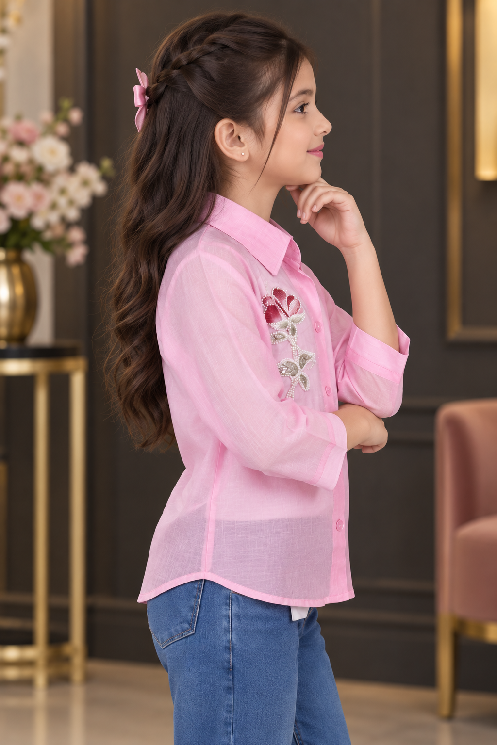 SG75PL Girls Blush Pink Imported Fabric Embellished Rose Button-Down Shirt Top SG75PL-447-PNK - Image 2