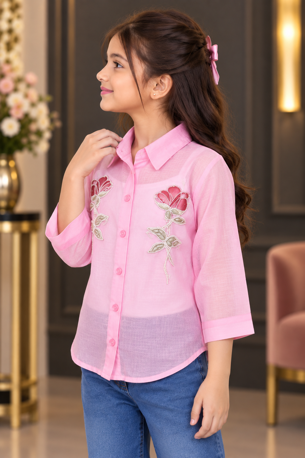 SG75PL Girls Blush Pink Imported Fabric Embellished Rose Button-Down Shirt Top SG75PL-447-PNK - Image 4