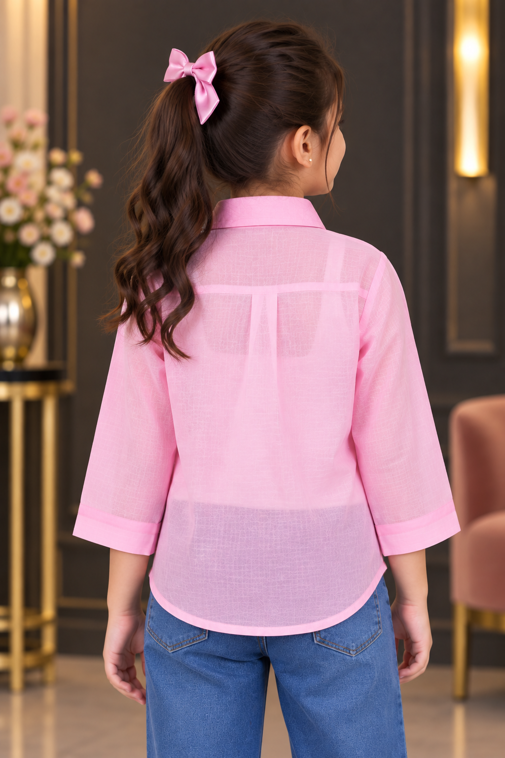 SG75PL Girls Blush Pink Imported Fabric Embellished Rose Button-Down Shirt Top SG75PL-447-PNK - Image 3